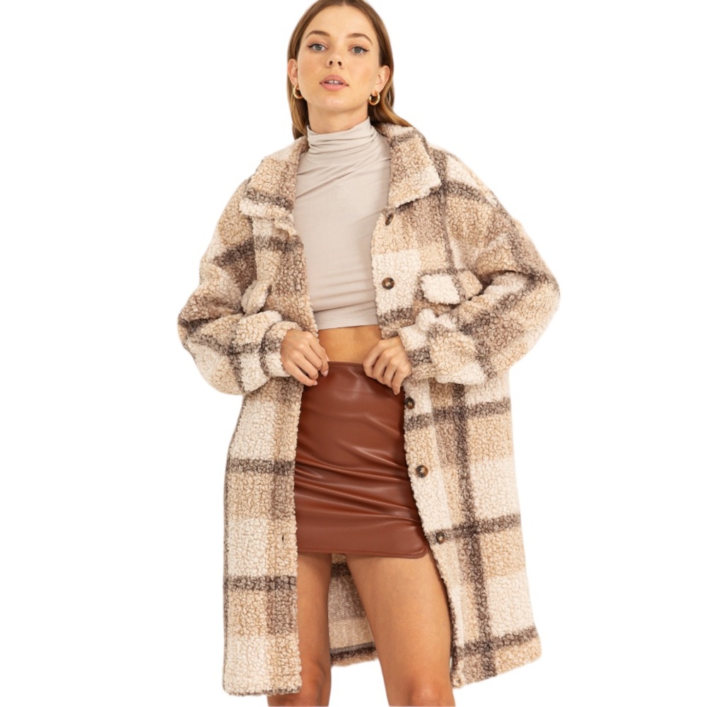 77. Mocha Mix Plaid Teddy Midi Shacket NWT